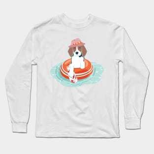 Summer pool pawty // aqua background beagle dog breed in vacation playing on swimming pool Long Sleeve T-Shirt